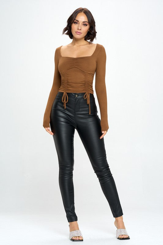 Ruched Drawstring Square Neck Cropped Top