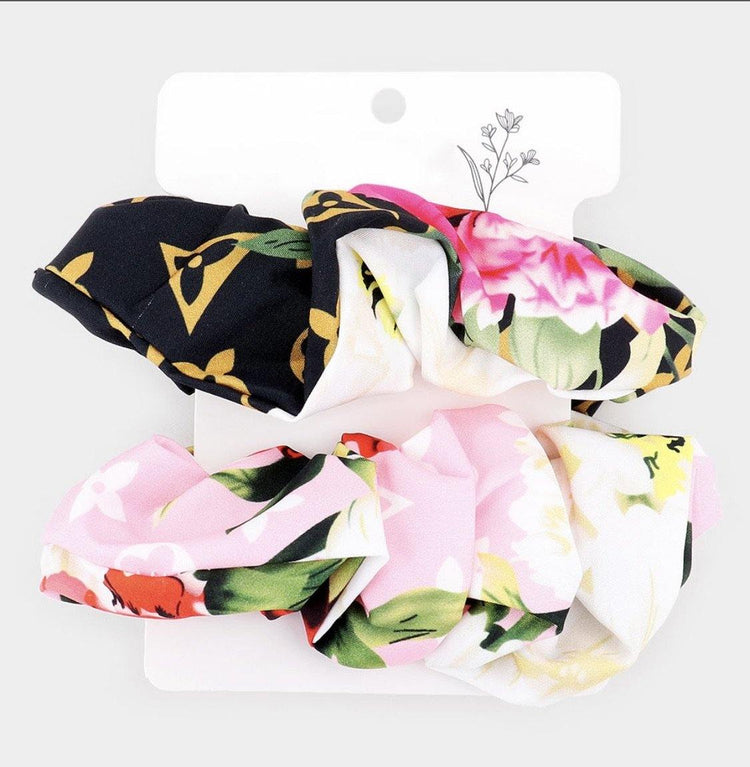 Floral Glam Scrunchies Black/Pink Set - HOT SUGAR BOUTIQUE