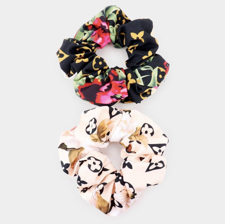 Floral Glam Scrunchies Cream/Black Set - HOT SUGAR BOUTIQUE