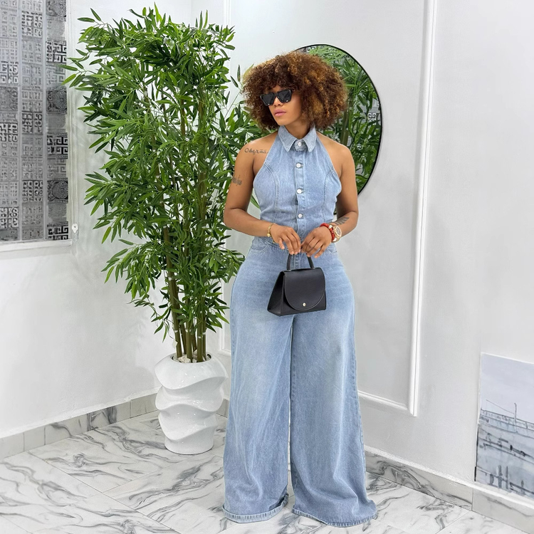 Sexy Backless Halter Long Washed Denim Jumpsuit