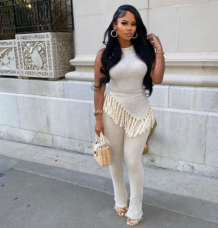 Women's Casual Set with Irregular Fringe Sleeveless Vest Top and High-Waisted Pants Set