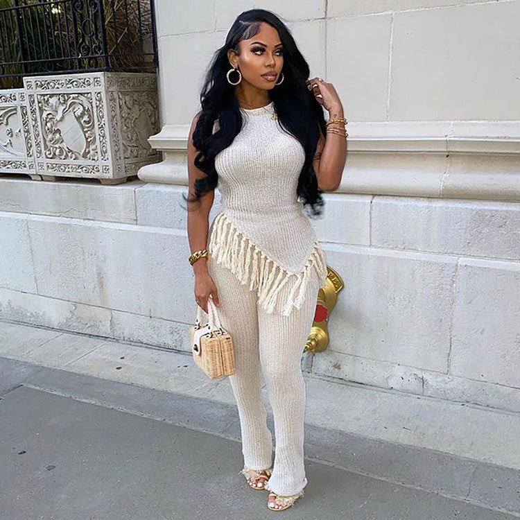 Women's Casual Set with Irregular Fringe Sleeveless Vest Top and High-Waisted Pants Set
