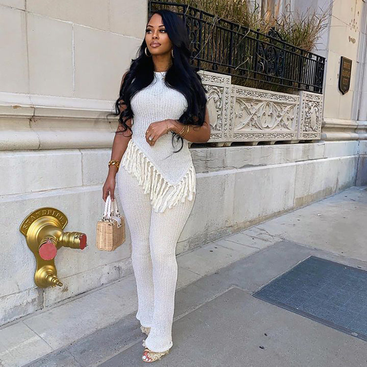 Women's Casual Set with Irregular Fringe Sleeveless Vest Top and High-Waisted Pants Set