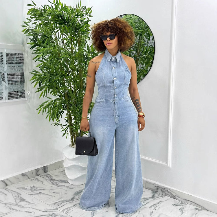 Sexy Backless Halter Long Washed Denim Jumpsuit