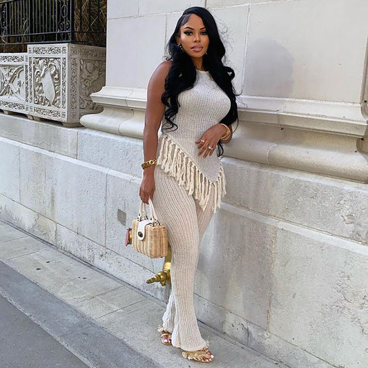 Women's Casual Set with Irregular Fringe Sleeveless Vest Top and High-Waisted Pants Set