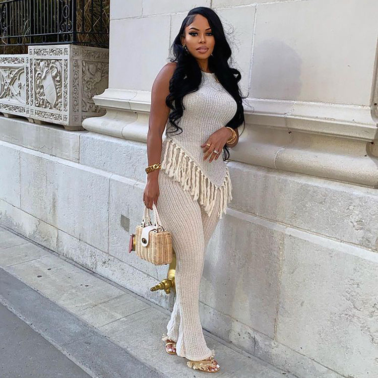 Women's Casual Set with Irregular Fringe Sleeveless Vest Top and High-Waisted Pants Set