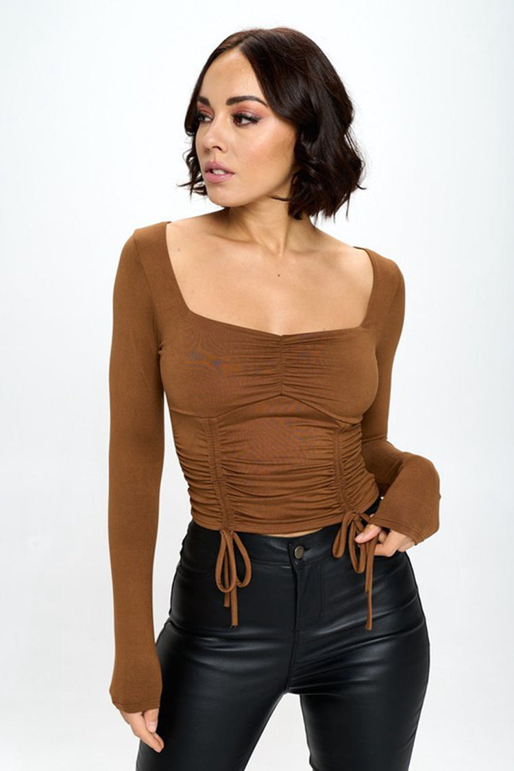 Ruched Drawstring Square Neck Cropped Top