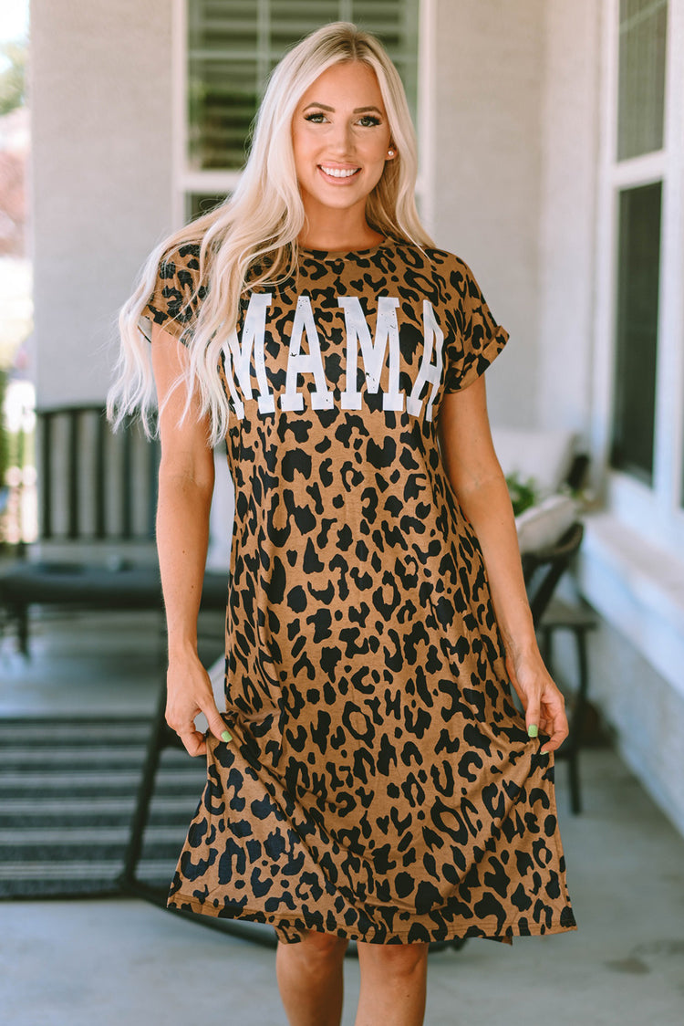 MAMA Leopard Slit Short Sleeve Dress