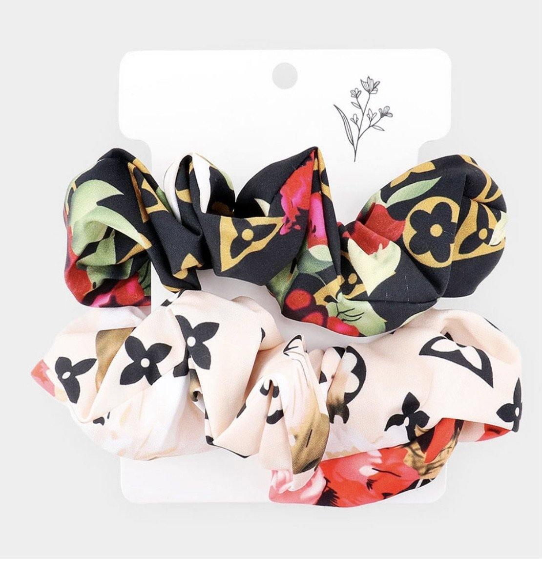 Floral Glam Scrunchies Cream/Black Set - HOT SUGAR BOUTIQUE