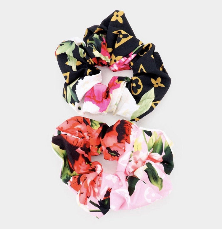 Floral Glam Scrunchies Black/Pink Set - HOT SUGAR BOUTIQUE